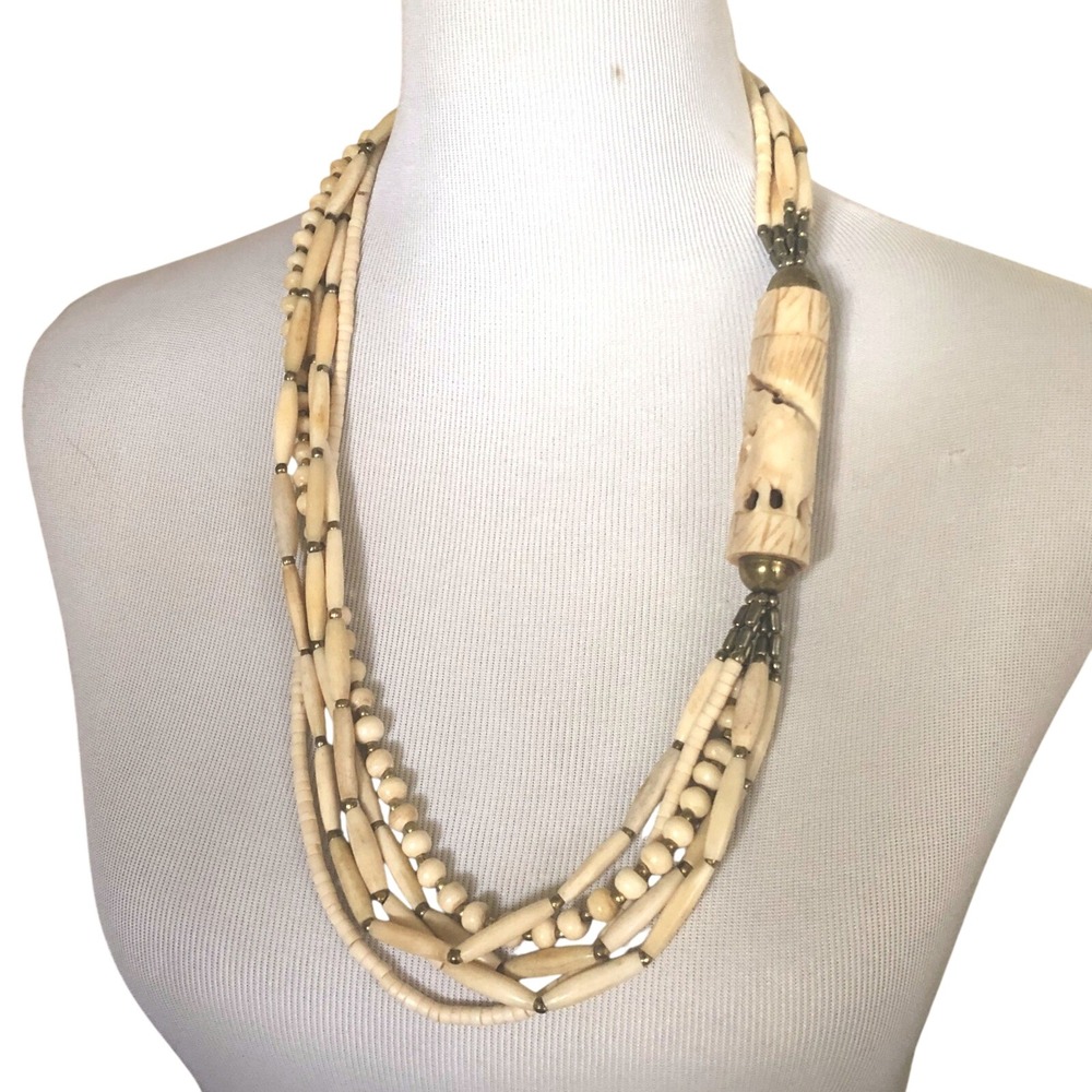 VTG Hand Carved Bone Multi 5 Strand Statement Necklace Cream Boho 28" Tribal